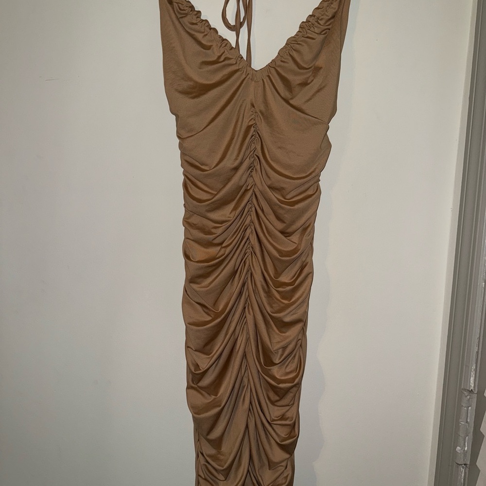 SHEIN Tan Backless Ruched Dress